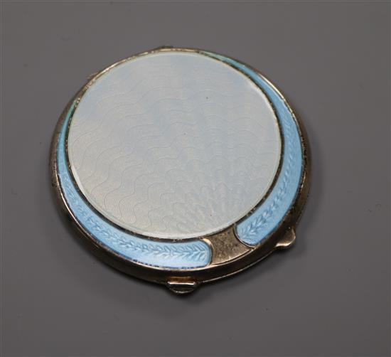 A late 1940's silver and guilloche enamel circular compact, Joseph Gloster Ltd, Birmingham, 194, 67mm.